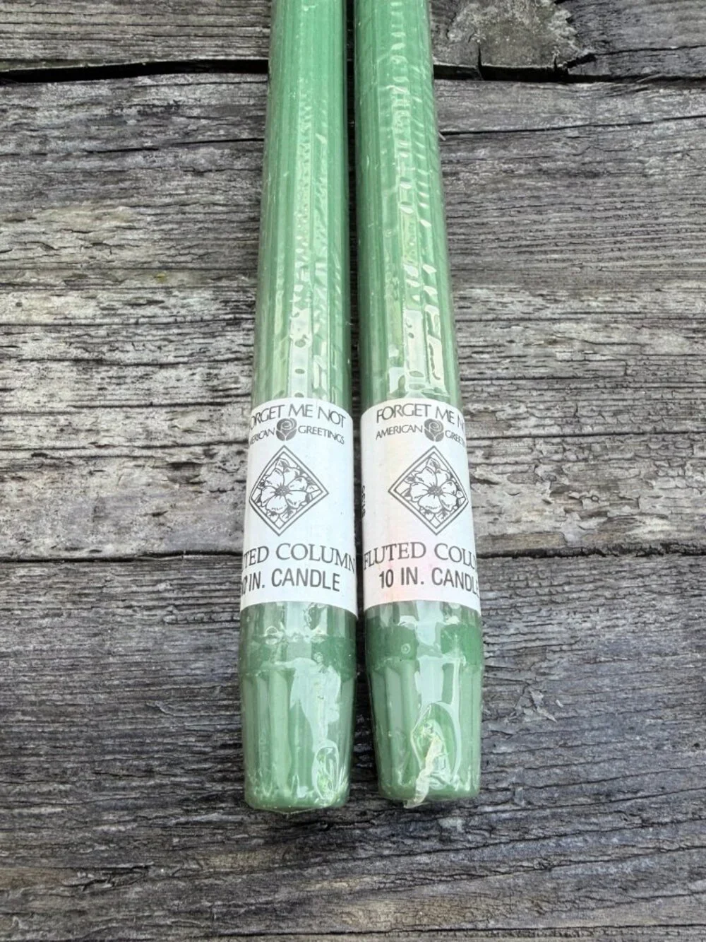 2 Vintage Green Forget Me Not American Greetings Fluted Column 10” Candlesticks